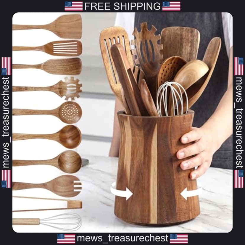 Küchenutensilien-Set aus Holz mit drehbarem Halter, 10 Werkzeuge, Akazienholz