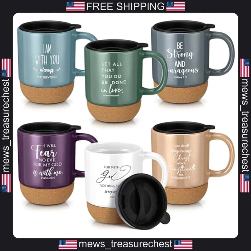 Christliche Kaffeebecher Set 15 Unzen Keramik mit Korkboden und Bibelverse