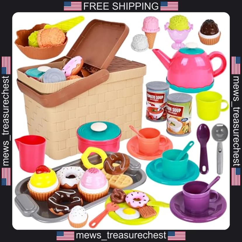 Kinder Spiel Teeservice mit Picknickkorb, Teekanne, Tassen & Dessert