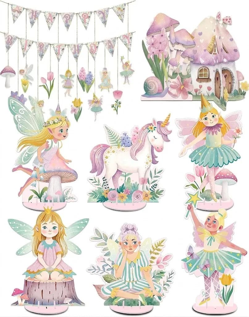 Fee Party Deko Happy Birthday Banner & Mittelstücke Set NEU