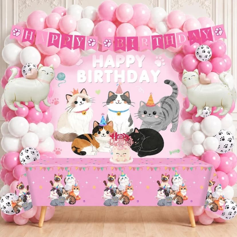 Rosa Katze Geburtstag Party Deko Luftballons Hintergrund NEU