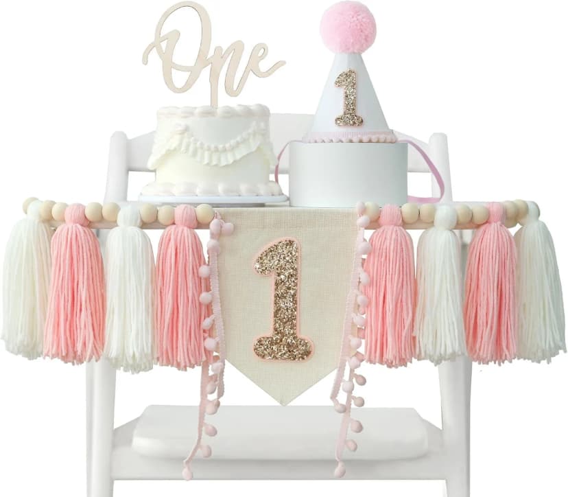 Erster Geburtstag Deko für Mädchen 1. rosa Hochstuhl Banner NEU