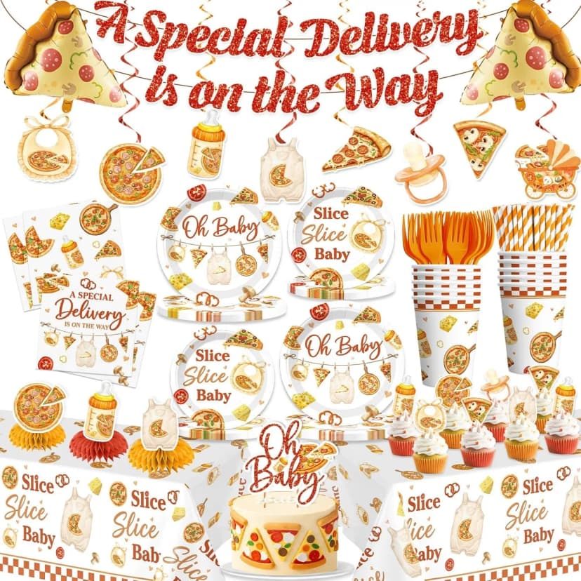 Babyparty "Eine besondere Lieferung ist unterwegs" Pizza Party Mottoset NEU