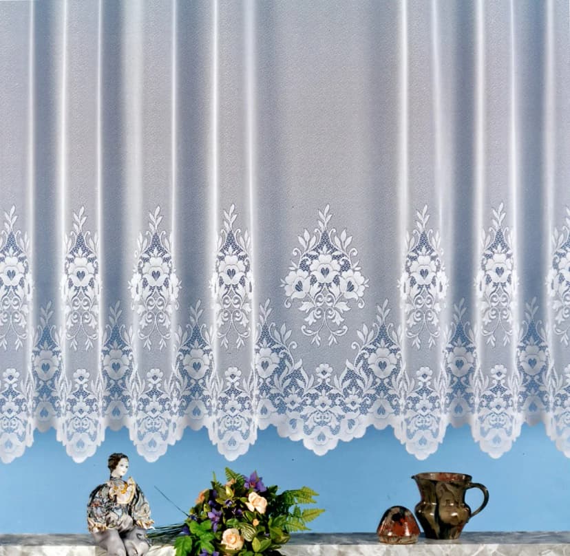 Gardinen Store weiß Kräuselband Vorhang transparent Blumen Borte gebogt Typ10
