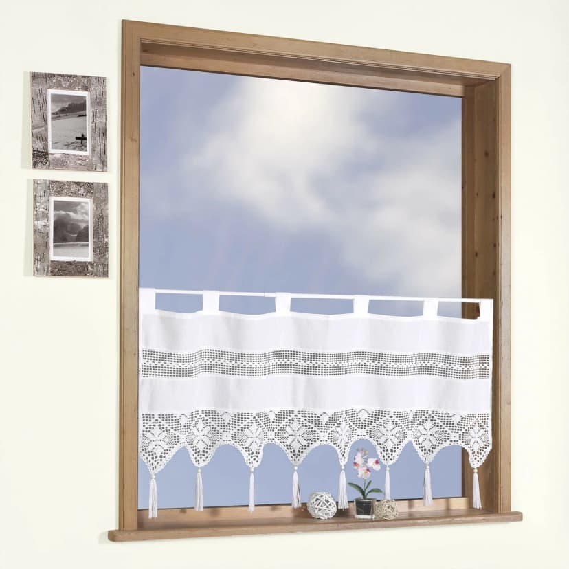 Scheibengardine Landhaus Häkelborte weiß 100% BW Fensterdeko Gardine Typ504