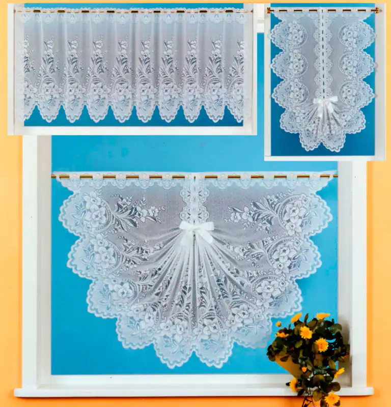 Gardine Bistrogardine Muschelbogen Schwalbenschwanz weiß Jacquard Blumen Typ42 – neu – Möbel – Foto 1 von 5