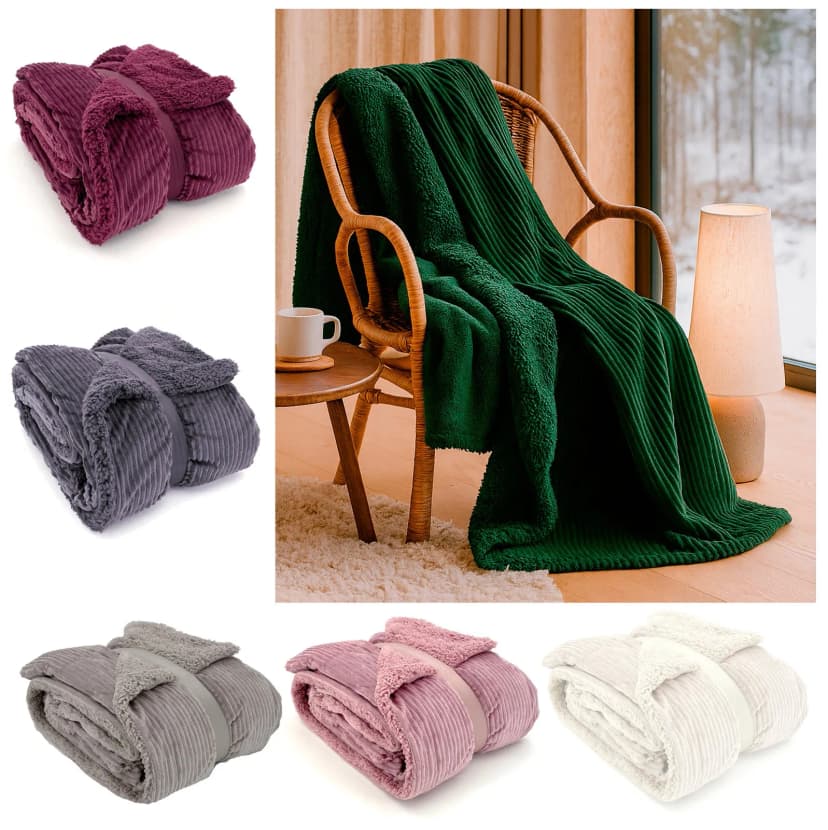 heimtexland ® super dicke Cord Kuscheldecke mit Sherpa Fell Wohndecke Typ767