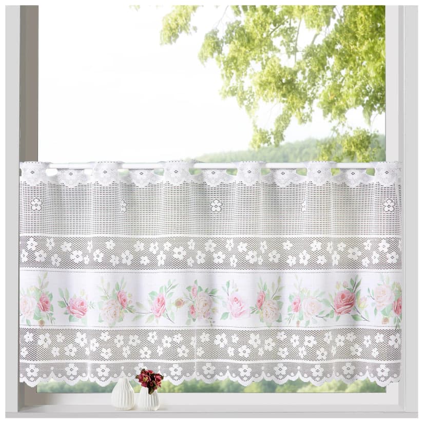 heimtexland ® Shabby Chic Rosen Scheibengardine Deko Landhaus Gardine Typ763