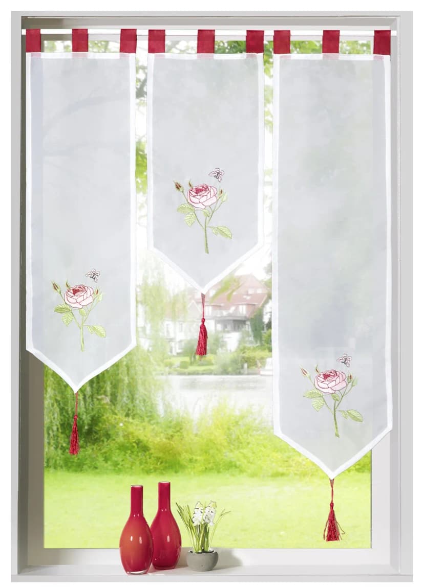 Scheibengardine Set 3-tlg Bistrogardine Rosen Bestickt Rot Deko Gardine Typ672