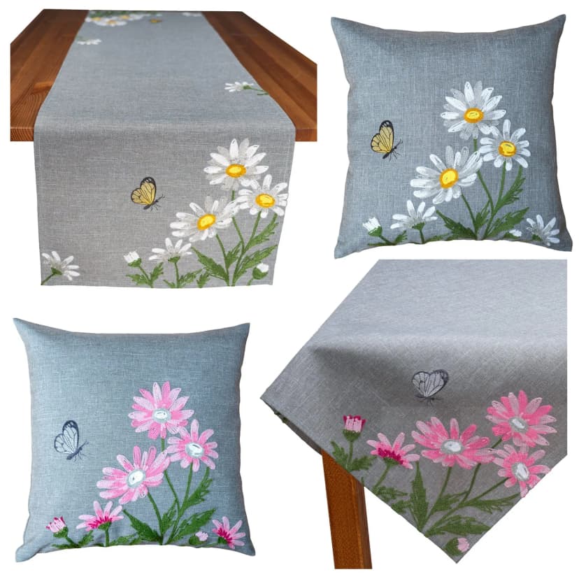 Tischdeko bestickt Tischdecke Tischläufer Kissen Bezug Blumen rosa gelb Typ886