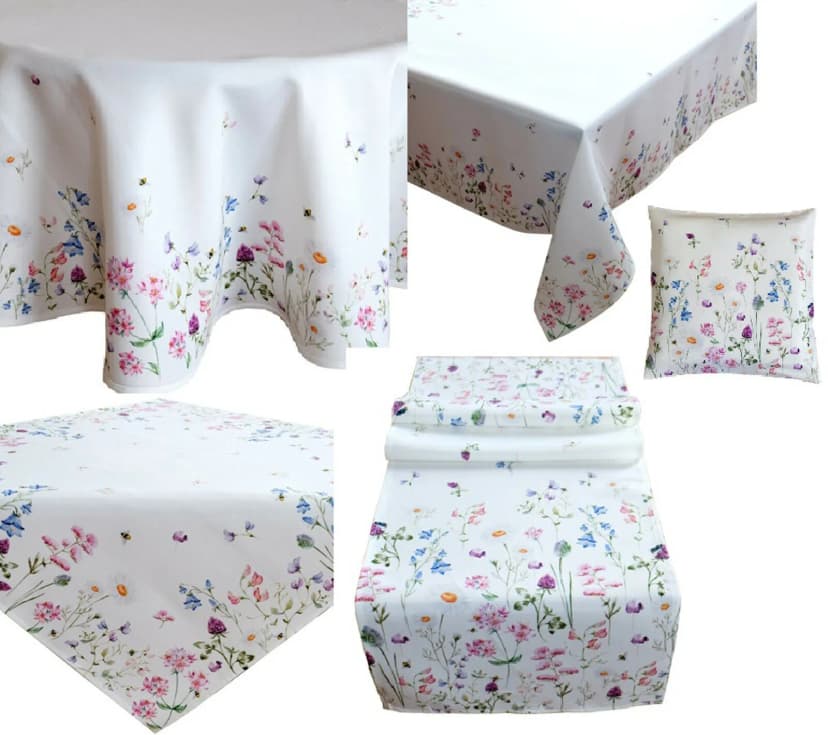Frühling Tischdecke Tischläufer Mitteldecke weiß m. Blumen bedruckt rund Typ520