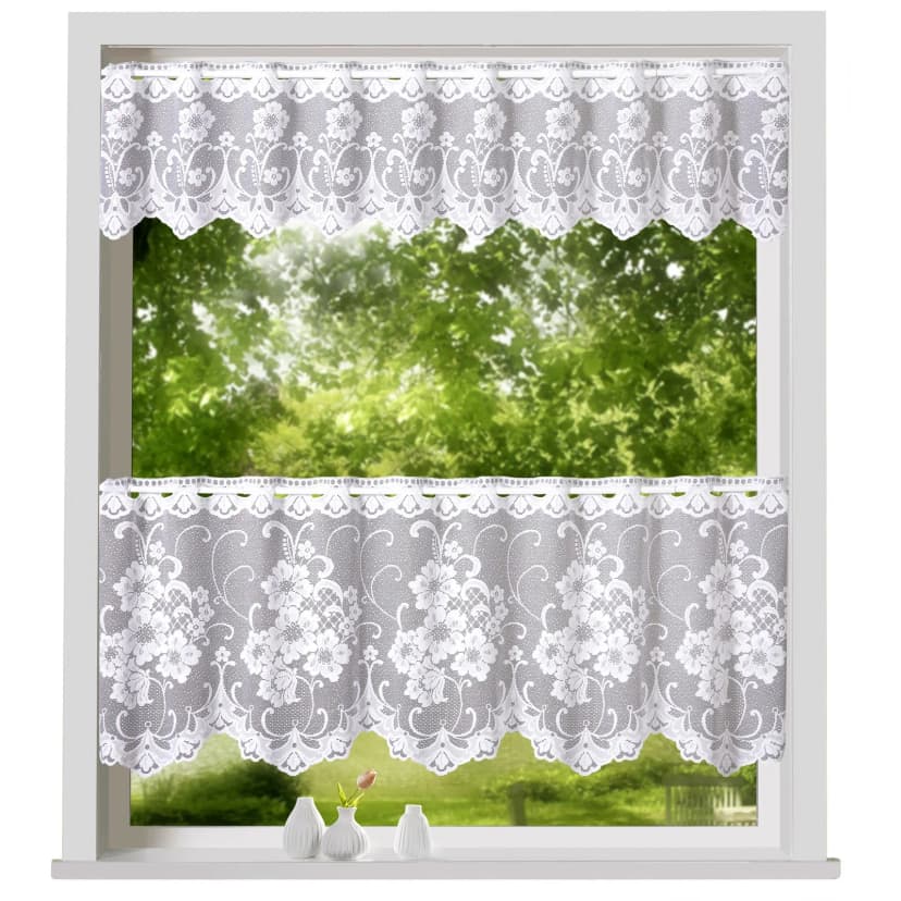 heimtexland ® Scheibengardine Jacquard Blumen Weiß Gardine Bistrogardine Typ261