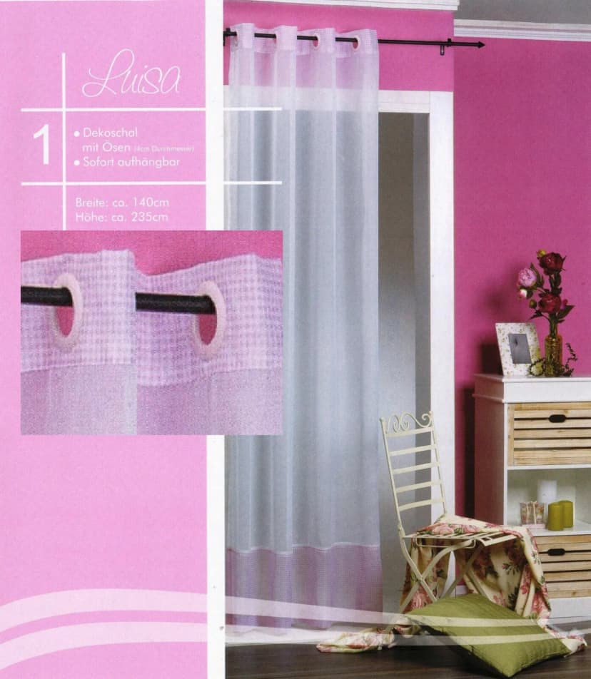 Ösenschal Vorhang Vichy Karo rosa Gardine Voile weiß transparent Mädchen Typ463