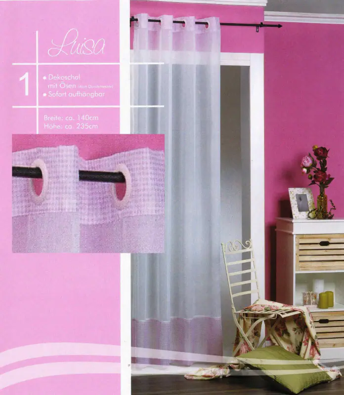 Ösenschal Vorhang Vichy Karo rosa Gardine Voile weiß transparent Mädchen Typ463 – neu – Möbel