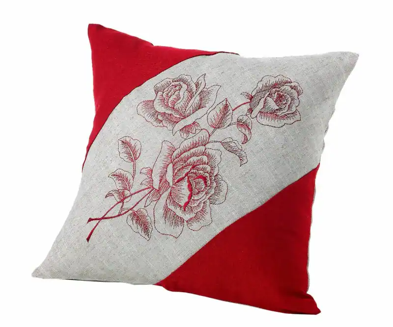 Kissenhülle Leinen natur große Rosen Stickerei rot 40x40 Kissen Vintage Typ298 – neu – Möbel