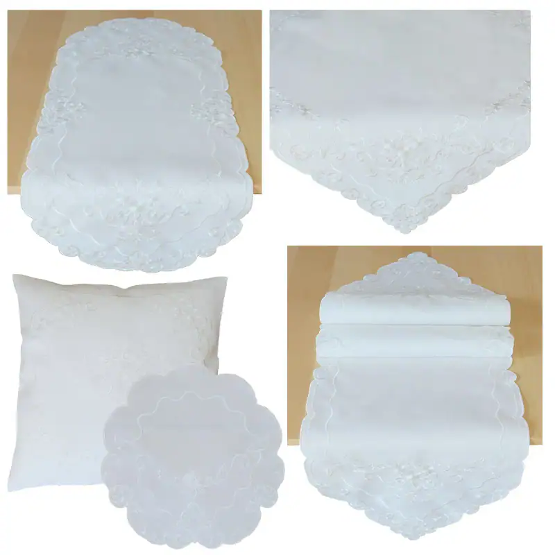 Deko Tischwäsche Bestickt Blüten Tischdecke Tischläufer Kissen Wollweiß Typ738 – neu – Möbel – Foto 1 von 5