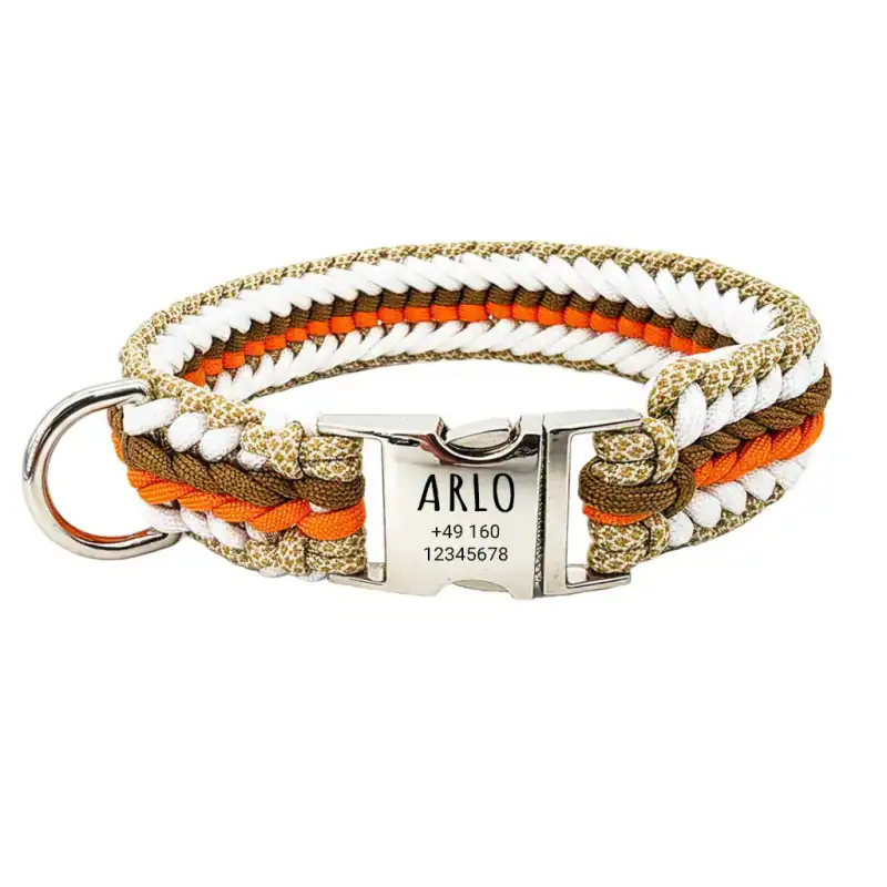 Arlo Paracord Hundehalsband Handgeknüpft Gravur D-Ring S M L 4cm Orange Braun We – neu – Sonstiges – Foto 1 von 5