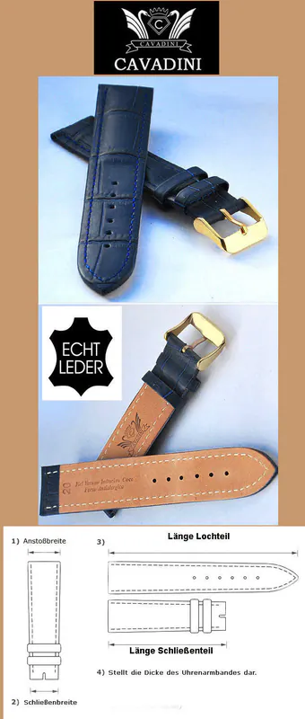 ECHTES-LEDER UHRENARMBAND CAVADINI,VERGOLDET STAHL SCHLIESSE KROKO PRÄGUNG BLAU – neu – Uhren & Schmuck