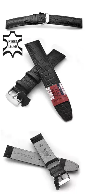 20mm Echt Leder Uhrenarmband CAVADINI ausgezeichnet Qualität Kroko-Optik schwarz – neu – Uhren & Schmuck