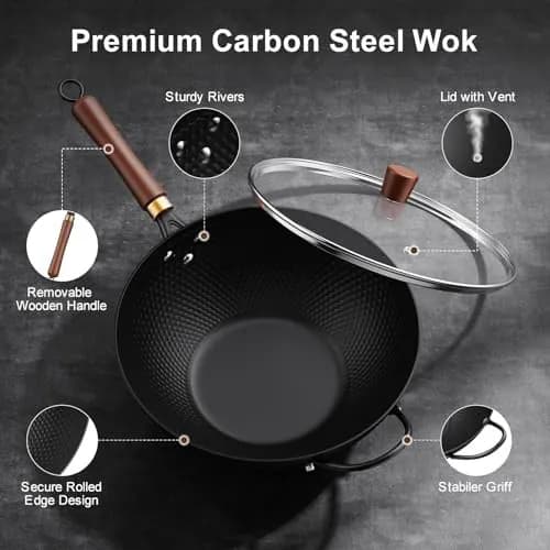 Todlabe Wok mit Deckel, 13 Zoll Kohlenstoffstahl Woks & Pfannen Antihaft – neu – Möbel – überwiegend dunkelgrün – Foto 1…