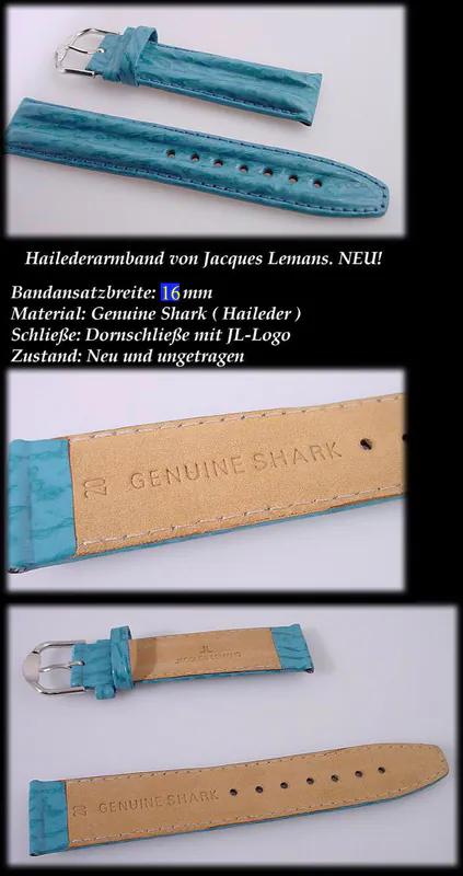 16 mm Uhrenarmband JACQUES LEMANS SHARK Obermaterial Haifisch Türkis-blau – neu – Uhren & Schmuck