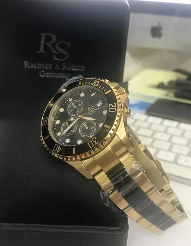 Herrenuhr Chronograph Edelstahl mit Keramik schwarz vergoldet Richter & Söhne – neu – Uhren & Schmuck – Foto 1 von 5