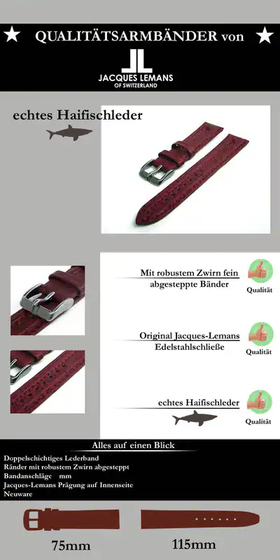 18 mm Uhrenarmband Jacques Lemans rotbraun Echt Haifischleder Doppelsteppnaht – neu – Uhren & Schmuck