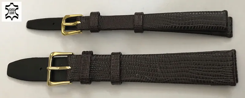 10,16 mm Leder Uhrenarmband Eidechse Print Dunkel-braun vergoldet schliesse – neu – Uhren & Schmuck