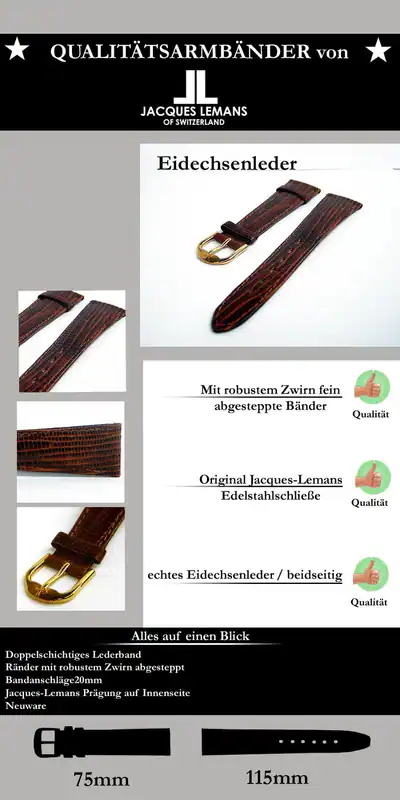 20 mm ECHTES EIDECHS UHRENBAND VON HAUSE JACQUES LEMANS – neu – Uhren & Schmuck – überwiegend weiß