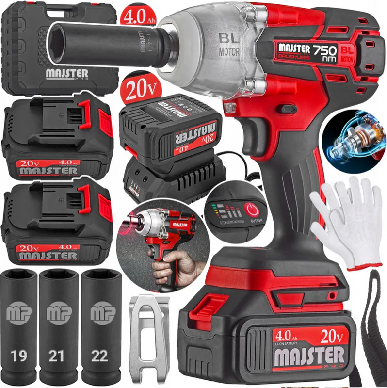 Akku Schlagschrauber 750Nm 20V Brushless + 2x 4Ah Akku + Nüsse 1/2" MAJSTER – neu – Sonstiges – überwiegend dunkelgrün…