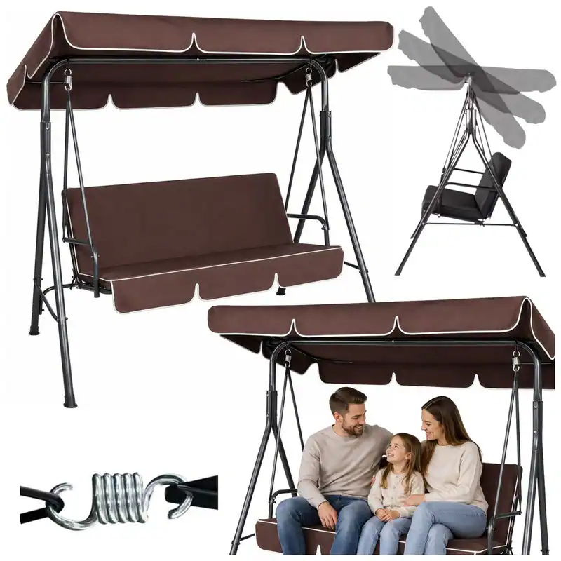 Hollywoodschaukel 3 Sitzer Gartenschaukel Schaukelbank Sonnendach Polster Braun – neu – Möbel – Foto 1 von 4