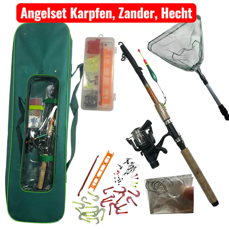 Angelset Hecht Zander Karpfen Forelle 2,1 m mit Tasche – Komplettset 32 Teile