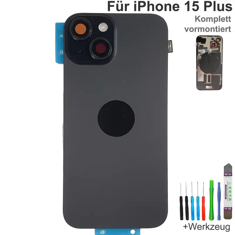 Akkudeckel für iPhone 15 Plus Schwarz Backcover Rückseite Komplett vormontiert