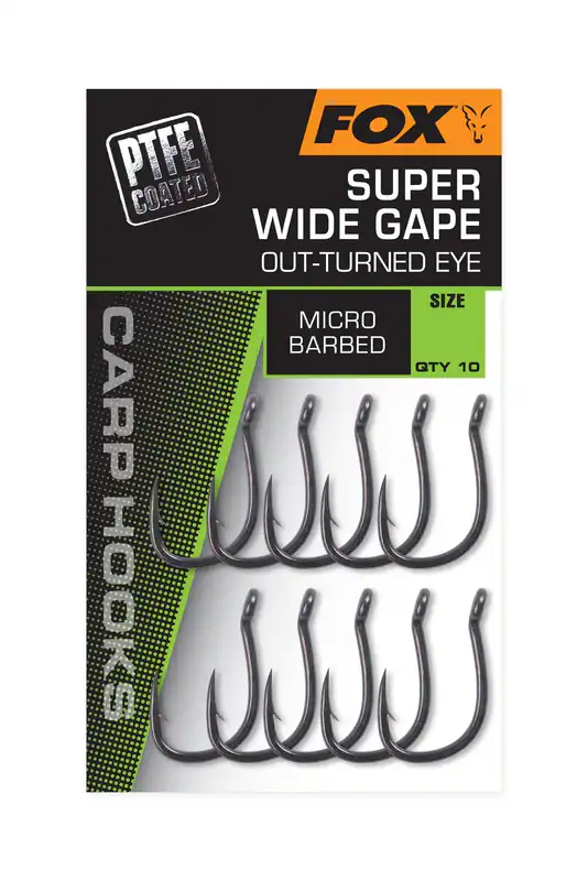 Fox Carp Hooks PTFE - Super Wide Gape Outturned EyeKarpfen Haken 10 Stk Angeln
