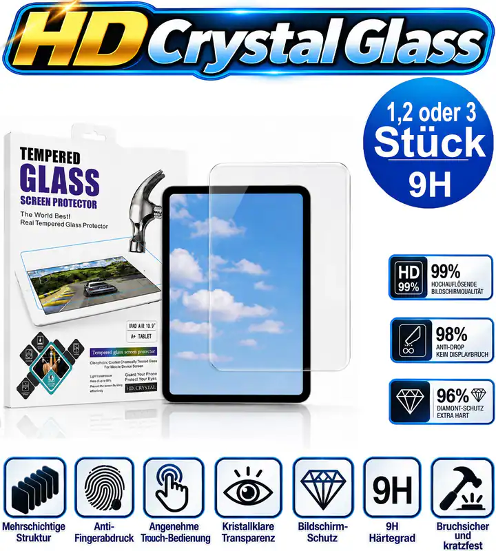 HD Crystal Glass Schutzglas für iPad Air 5 2022 A2588 A2589 A2591 Displayschutz