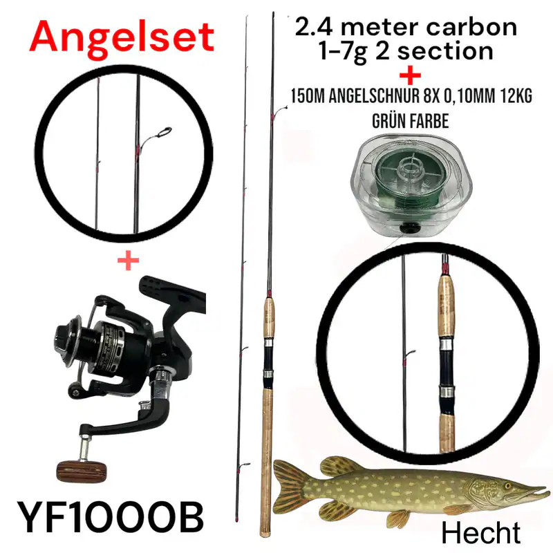 Angelset 2,4m Carbon Spinnrute + Rolle + Angelschnur 150m – Perfekt für Hecht