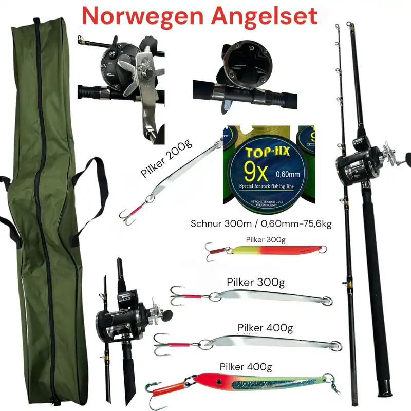 Norwegen Angelset Komplettset 210cm Rute Bootsrute Rolle Pilker Schnur Tasche