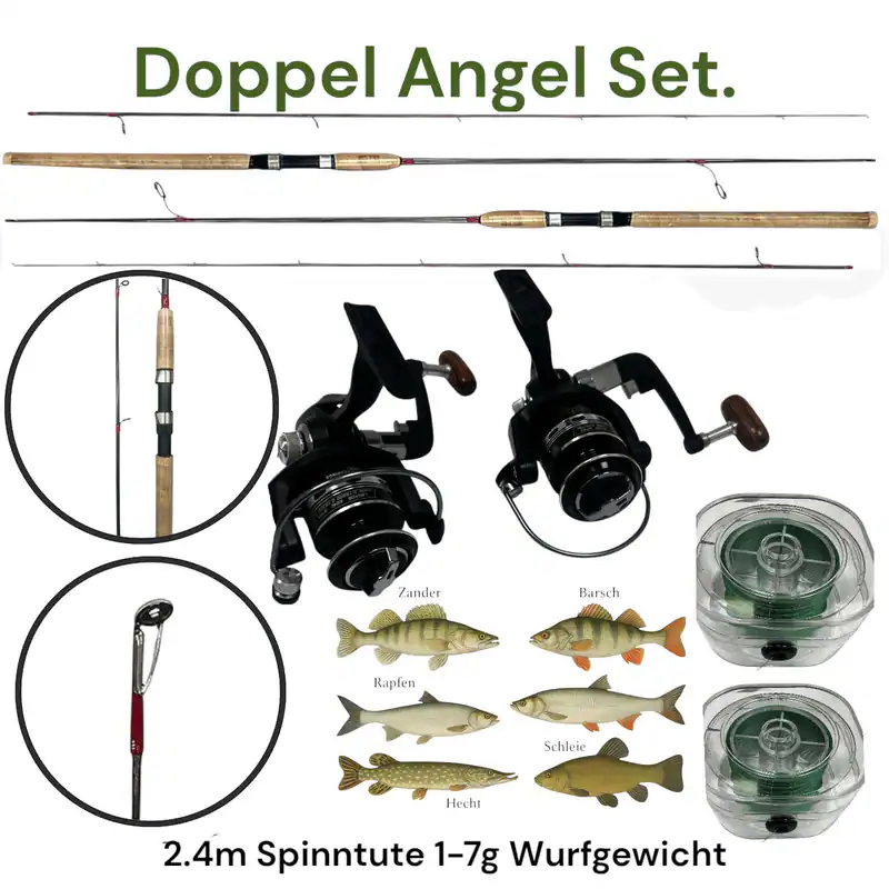 Komplettset Spinnfischen 2x 2,4m Carbon Rute 2 Rollen 2x Schnur Barsch Zander