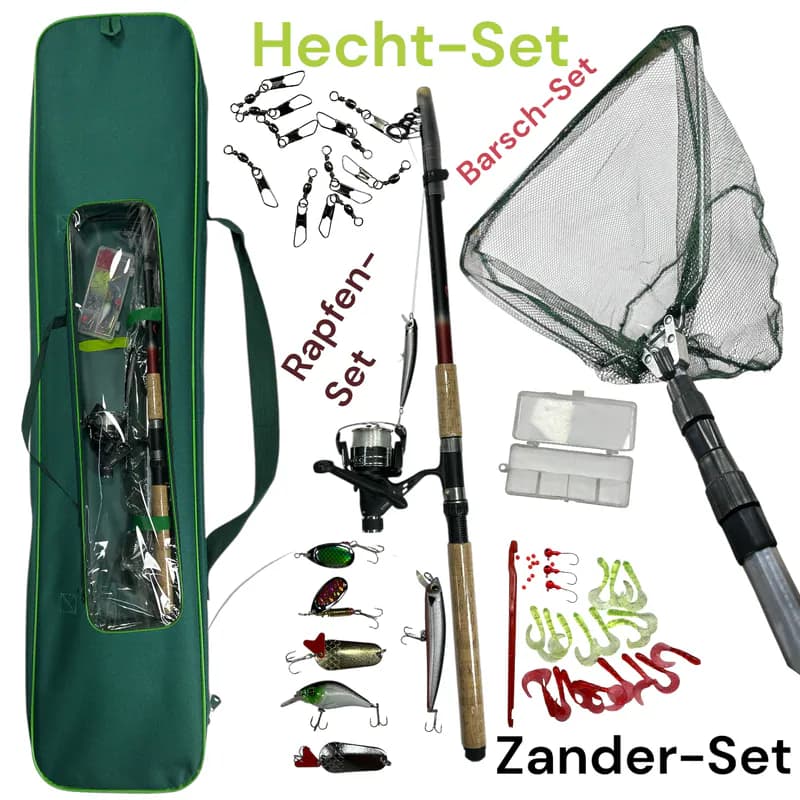Zander Angelset 2,70m XT-2705 Spinnrute mit Rolle, Ködern, Kescher & Tasche