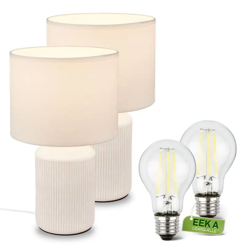 Nachttischlampe 2er Set Tischlampe E27 Stoffschirm Lampe Keramik Weiß 37,5cm