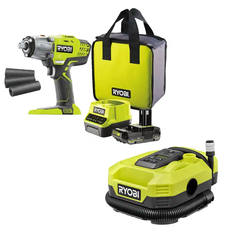 Ryobi Reifenwechsel-Set, Akku-Schlagschrauber, Akku Kompressor, Reifenwechsel