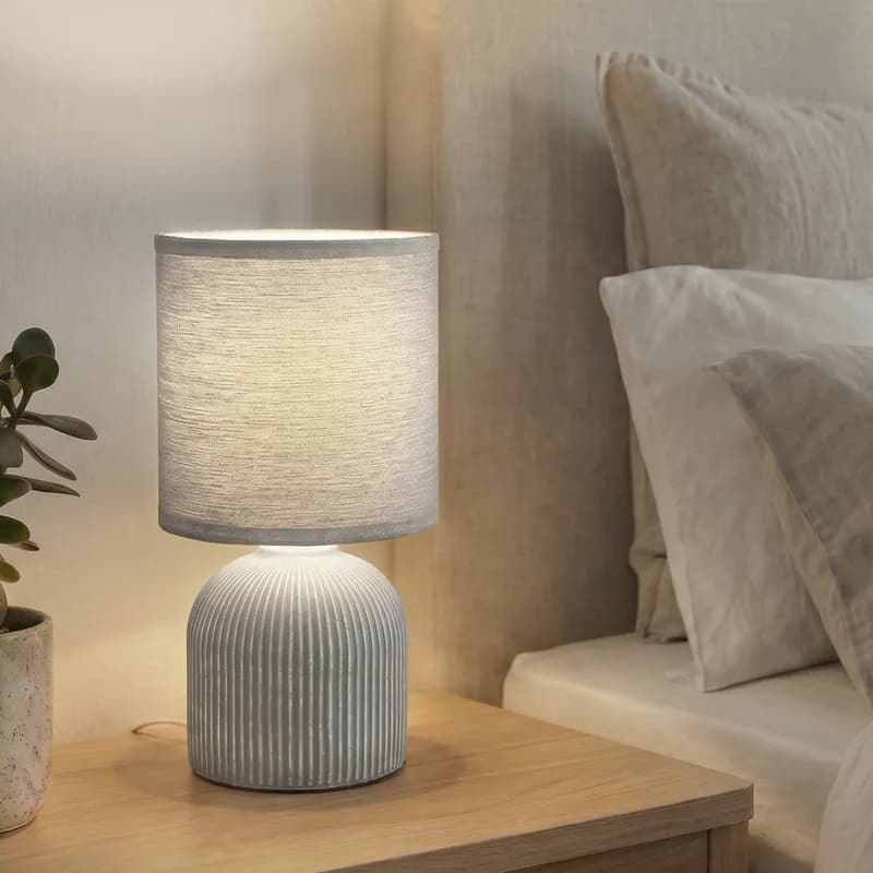 Nachttischlampe E14 Stoffschirm Tischlampe Kabelschalter Keramik Grau 28cm