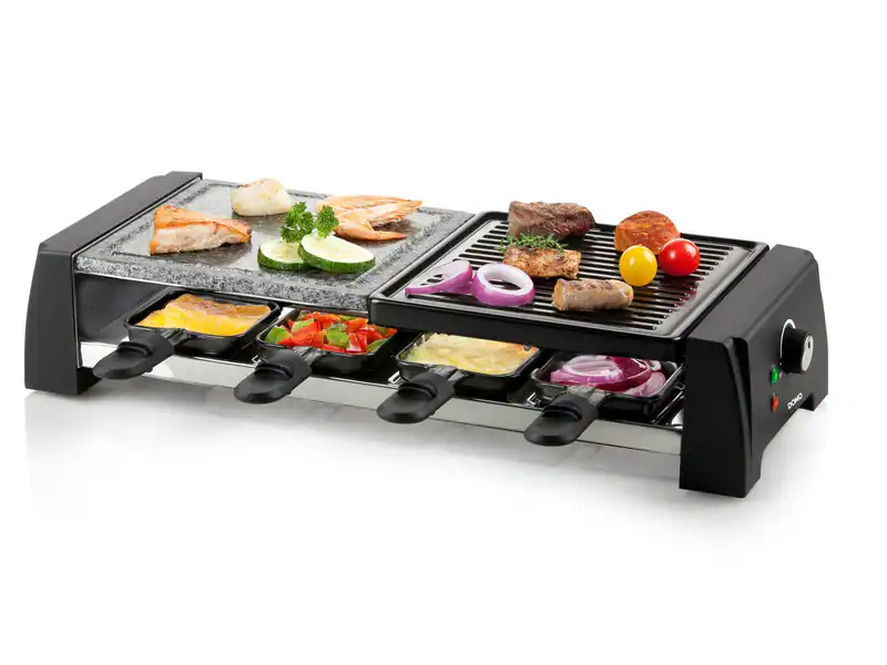 Raclettgrill mit Steingrill für 8 Personen inklusive 8 Pfännchen und 1200 Watt