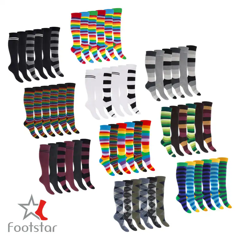 Footstar (6 Paar) Damen Herren Kniestrümpfe geringelt gemustert