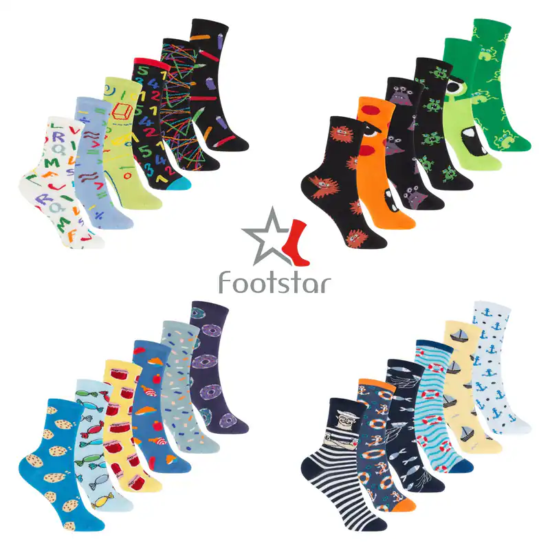 Bunte Baumwoll Basic Socken (6 Paar) mit lustigen Motiven für Mädchen & Jungen