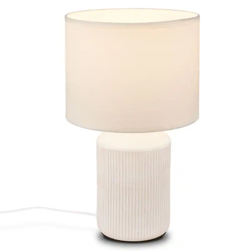 Nachttischlampe E14 Stoffschirm Tischlampe Kabelschalter Keramik Weiß 37,5 cm