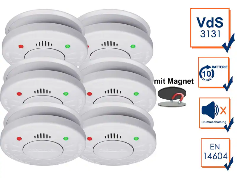 6er-Set Rauchmelder mit 10 Jahres Batterie, Q-Label + Magnetbefestigung