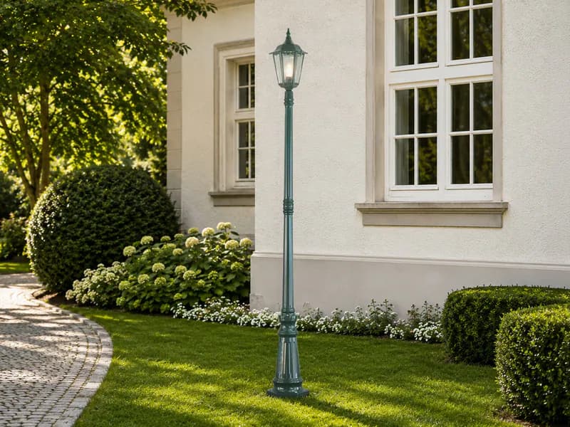 Antike Straßenlaterne Aluminium Grün & Klarglas, E27 Gartenlaterne Höhe 210cm