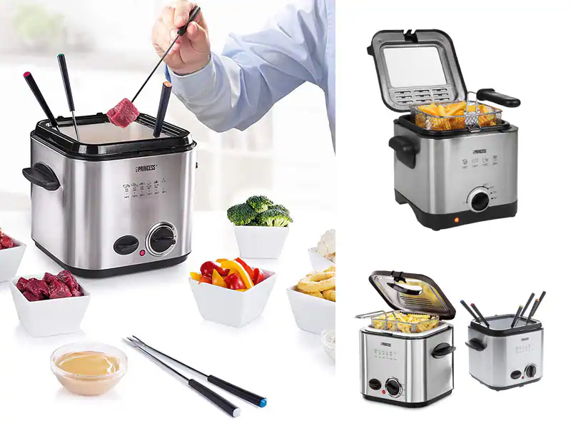 Pommes Fritteuse mit Öl, Fett mini Fritöse - Kleines Elektro Fondü Fondue-SET
