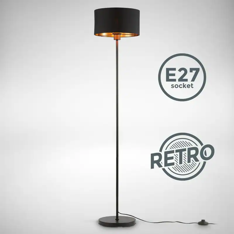 Stehlampe schwarz-gold Stoff Stehleuchte E27 Holz Metall Wohnzimmer Leselampe